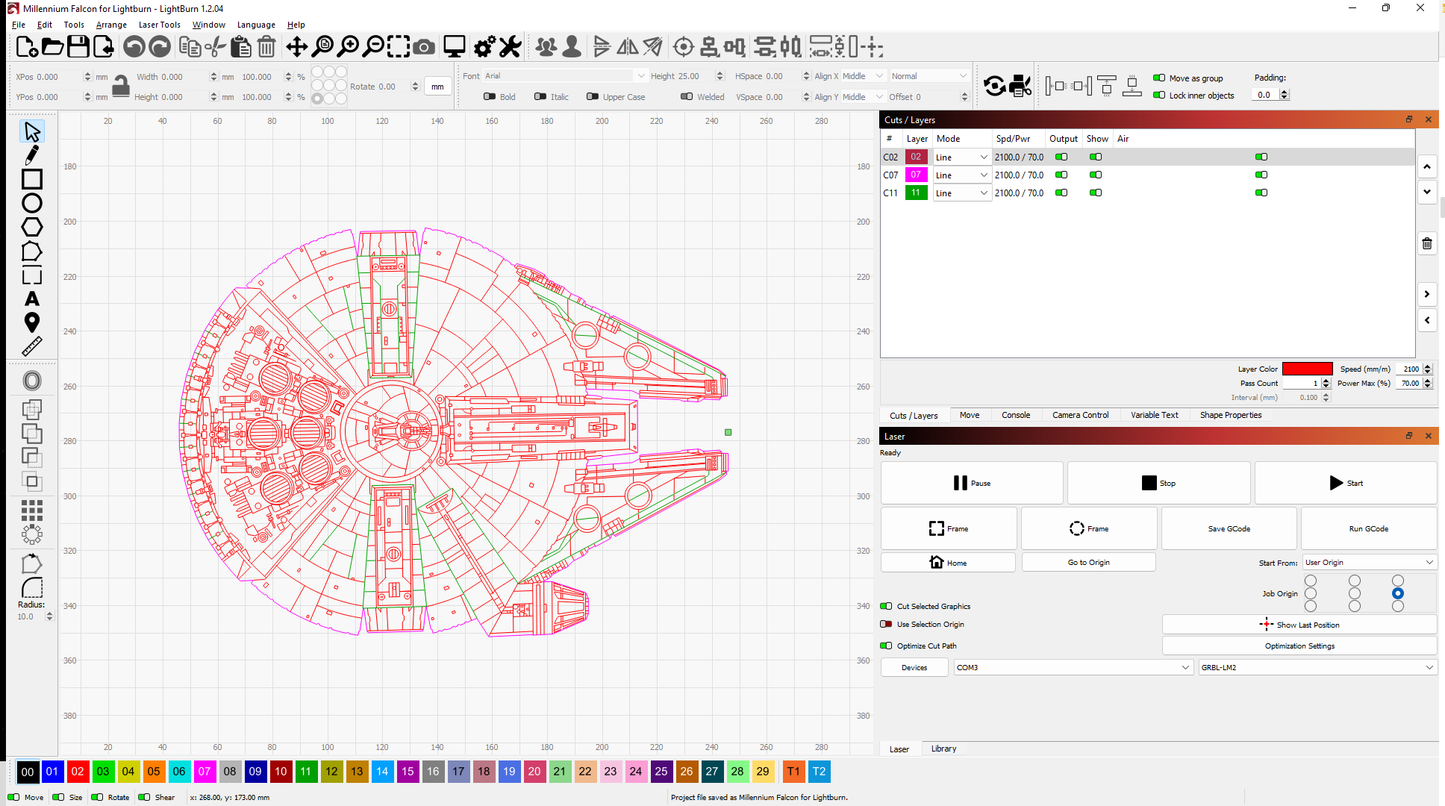 Millennium Falcon .svg .dxf .png .pdf and lightburn files for use with lasers and CNCs